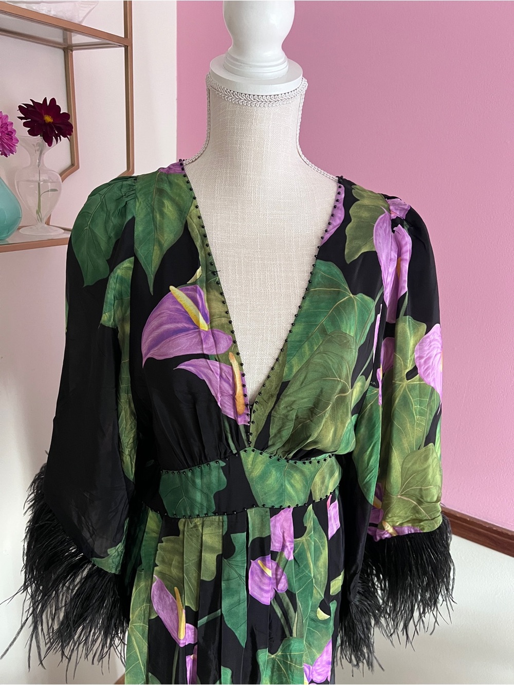 Black Anthurium Kaftan with Feather Detail from Farm Rio - Picture 4 of 10